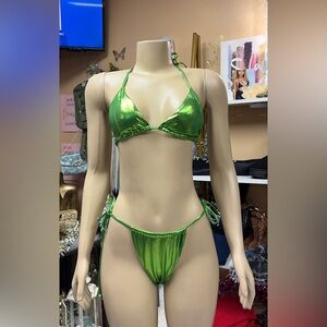 Green Metallic Bikini Skirt Set